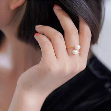 Tajade Rice Shaped Freshwater Pearl Ring Double Pearl Open Design White 5-6mm